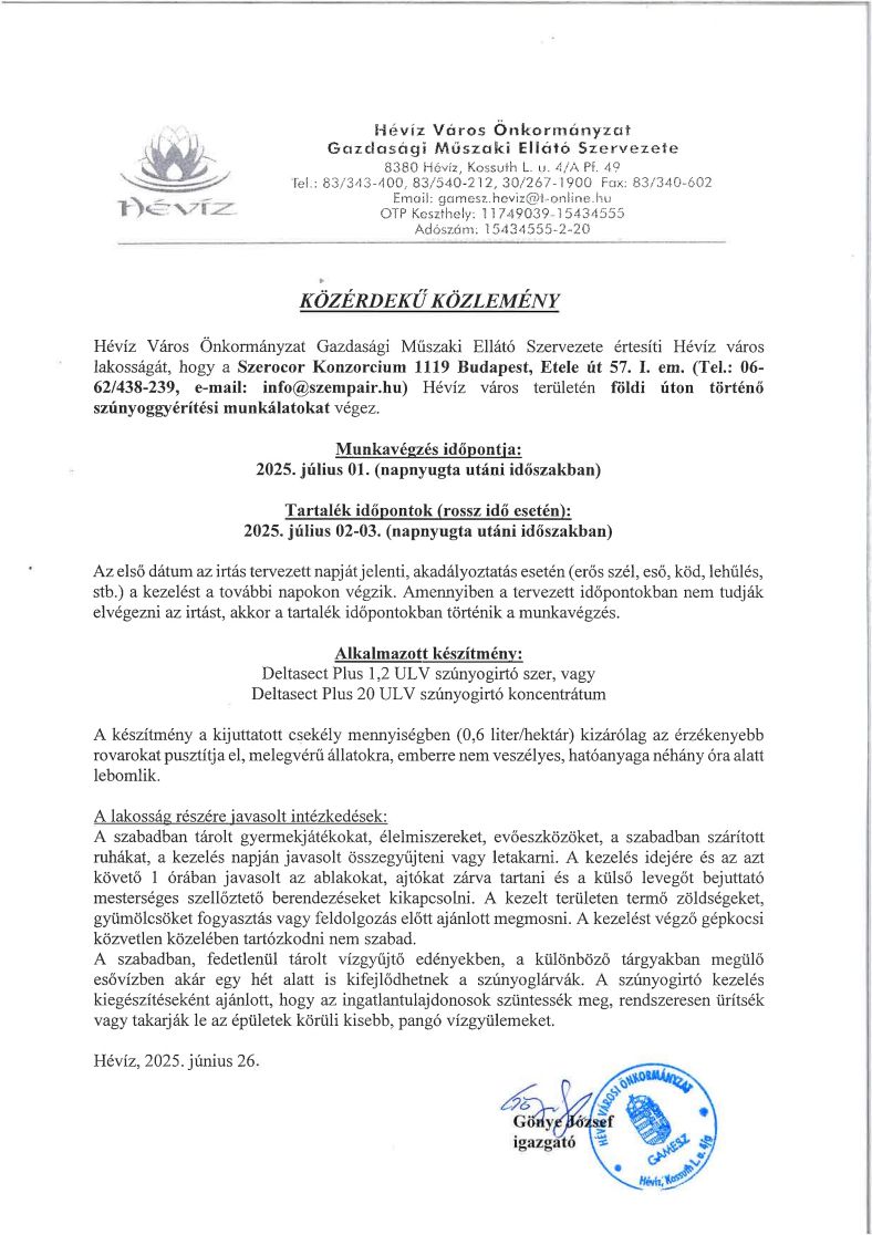 Hévíz Város Önkormányzat Gazdasági Műszaki Ellátó Szerverete értesíti Hévíz város lakosságát, h...