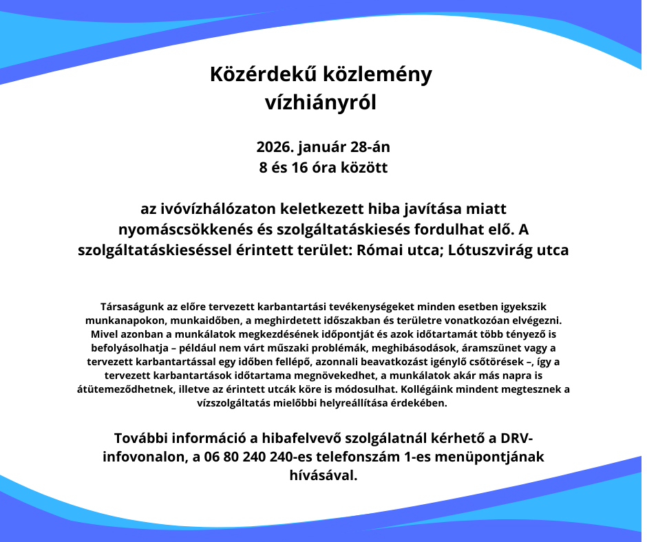 Közérdekű közlemény vízhiányról 2026. január 28-án 8 és 16 óra között