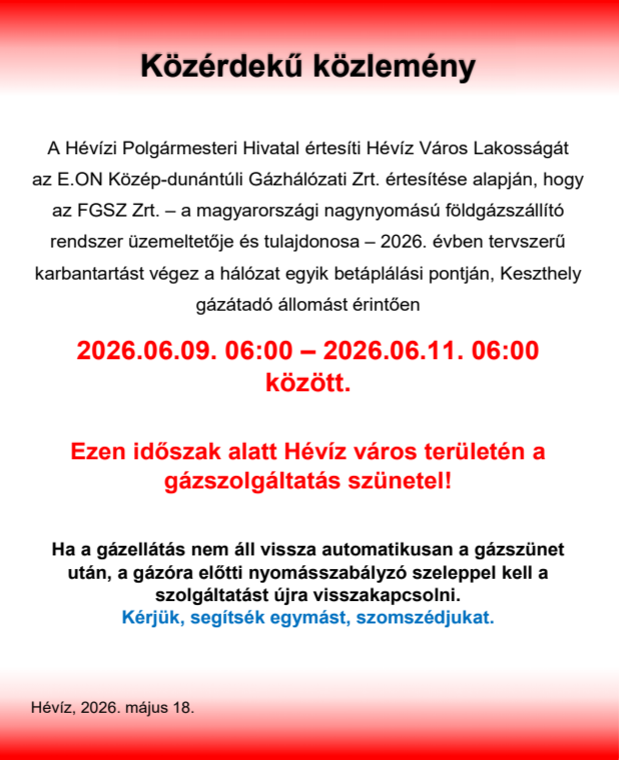 Közérdekű közlemény gázszünetről 2026.06.09-2026.06.11.